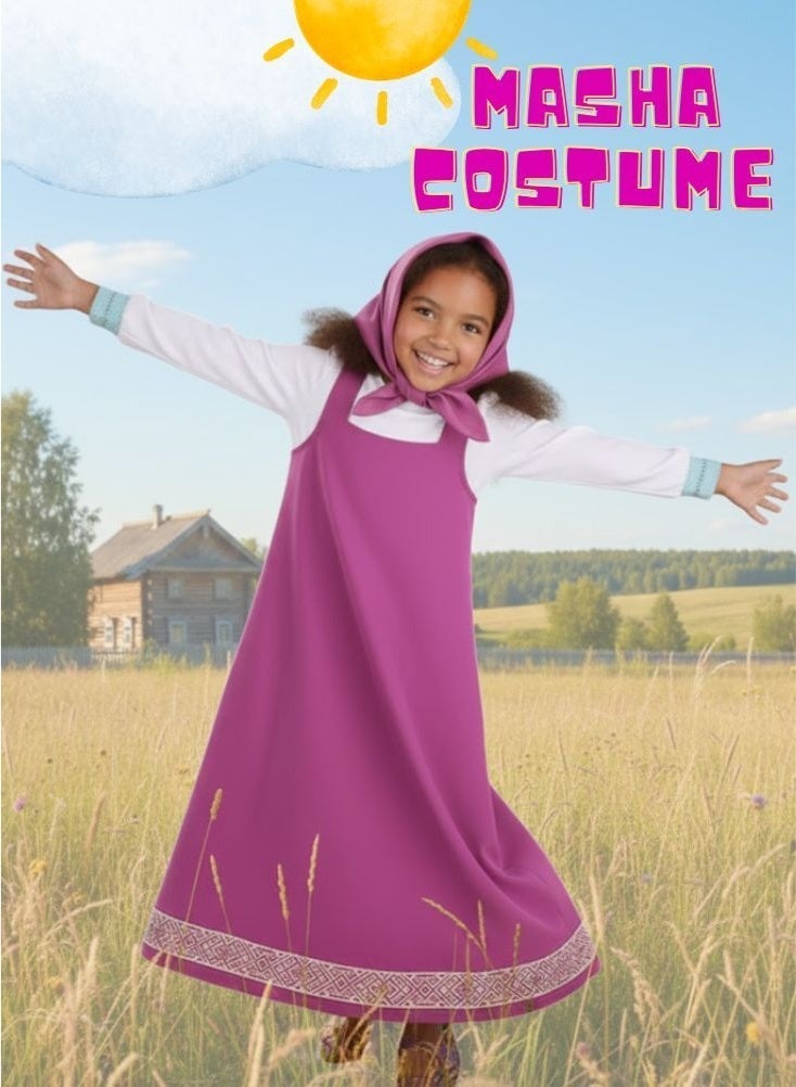 بريميم طقم زي تنكري للأطفال لشخصية ماشا الكرتونية، يتضمن فستانًا بغطاء رأس، مناسب للحفلات التنكرية. - Image 1